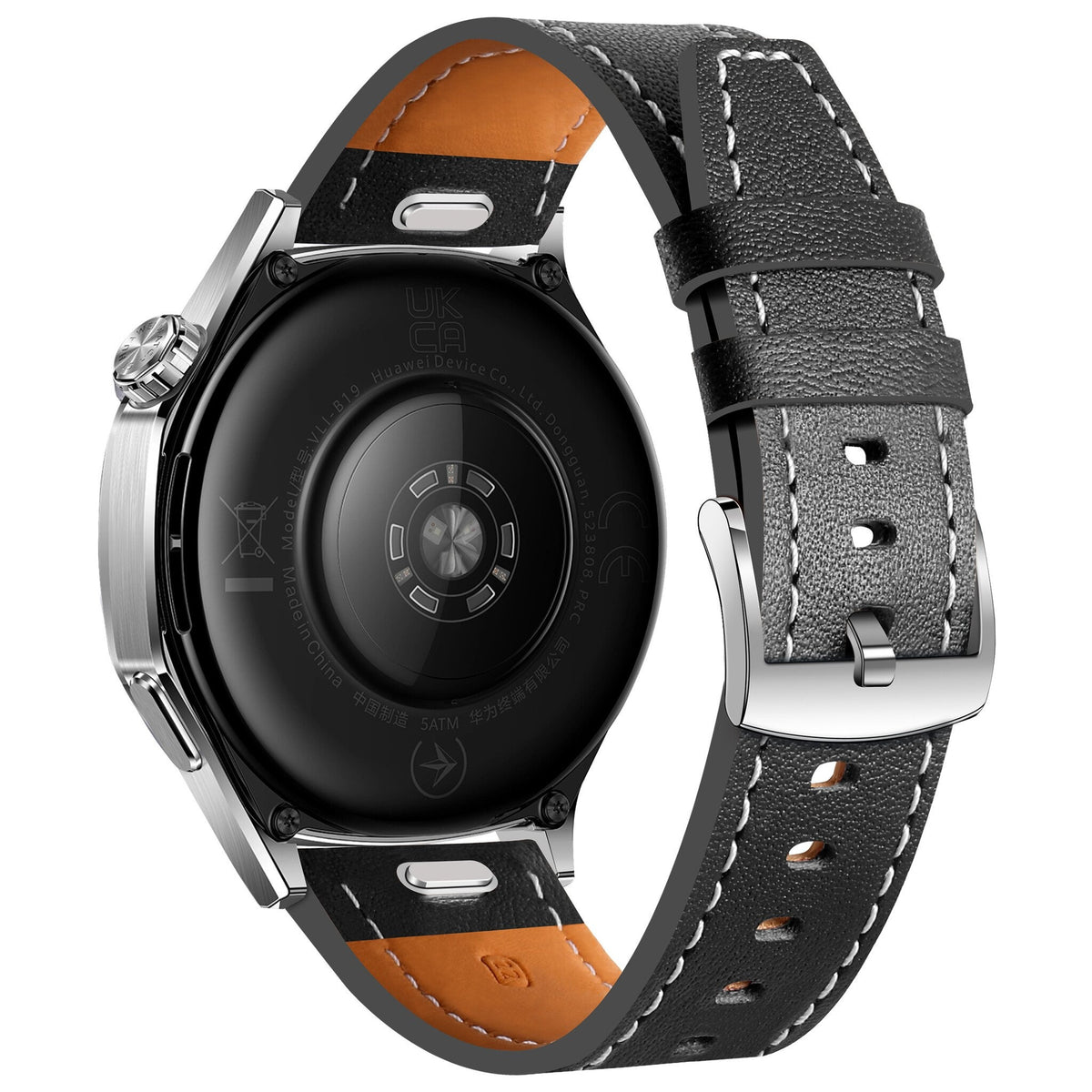 Leather Strap 'One Push', black, on a watch, 3/4 rear view