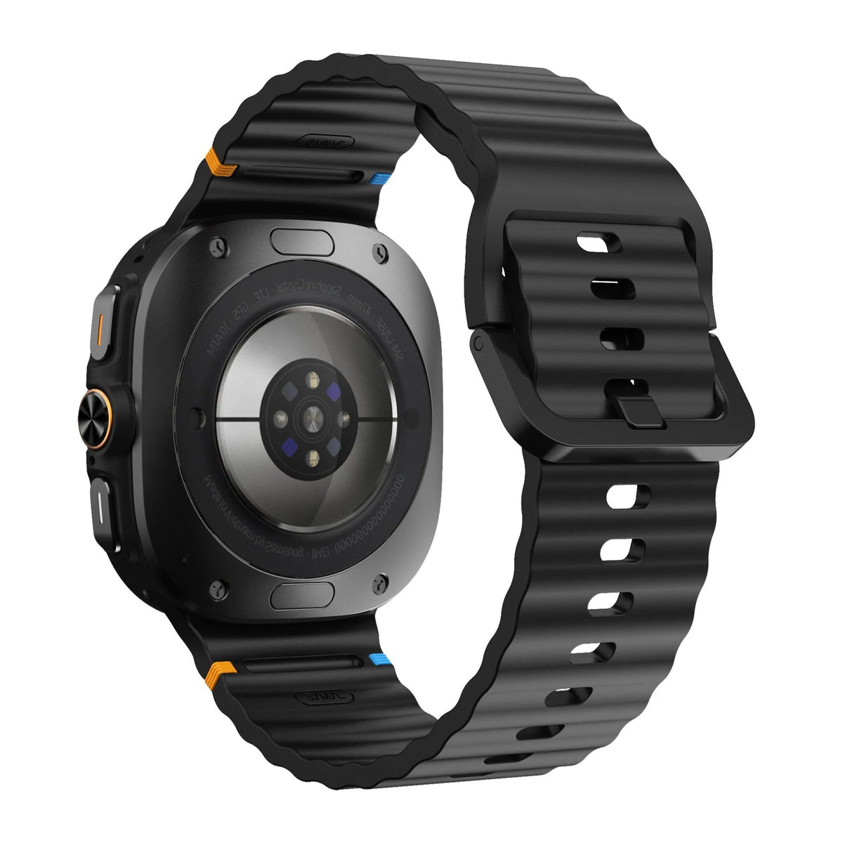 Wave Silicone Strap, black, on a watch, 3/4 rear view