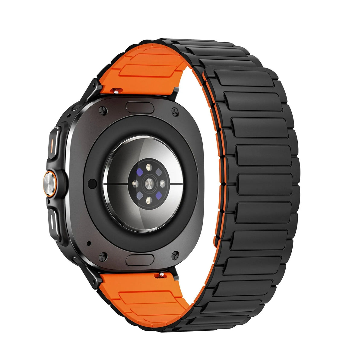 Magnetic Silicone Strap, black/orange, on a watch, 3/4 rear view