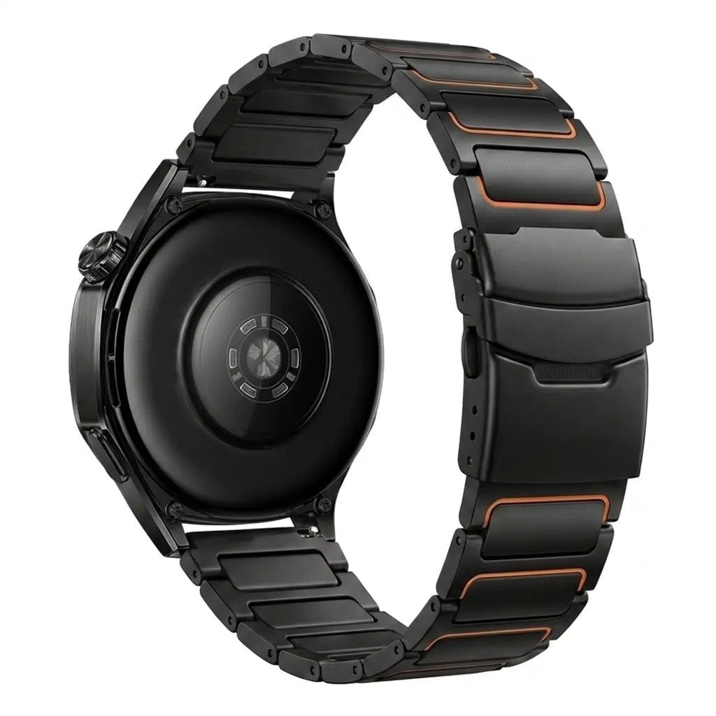 Turtle Titanium Strap, black/orange, on a watch, 3/4 rear view