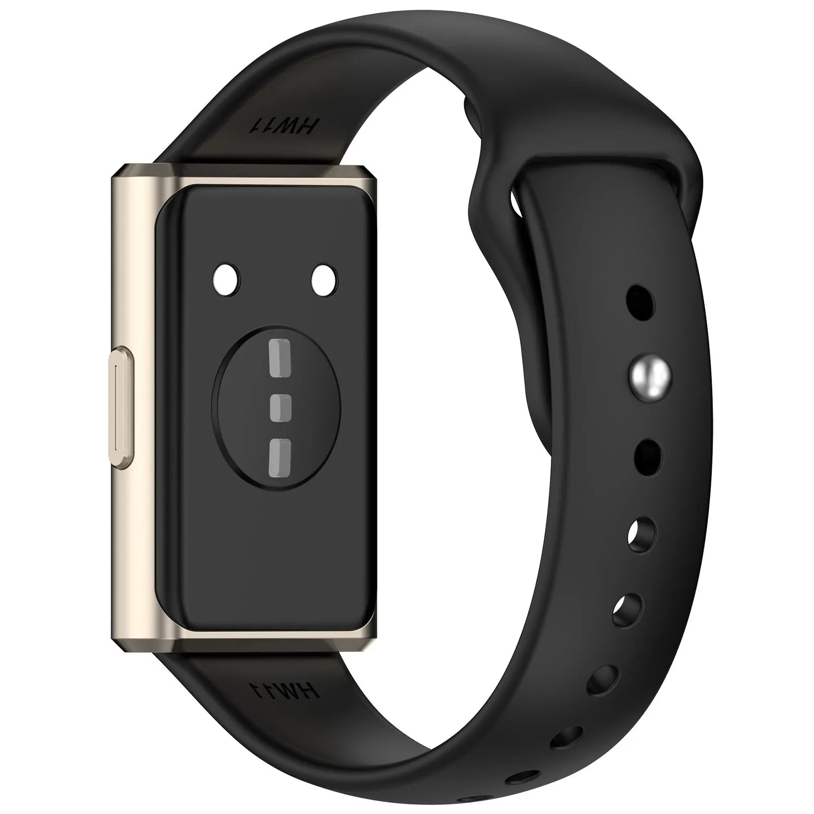 Silicone Sport Strap, black, on a watch, 3/4 rear view