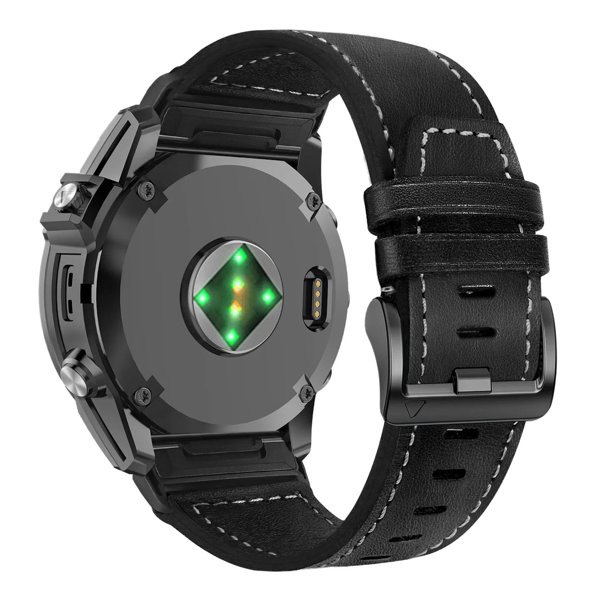 Premium Leather Strap, black, on a watch, 3/4 rear view