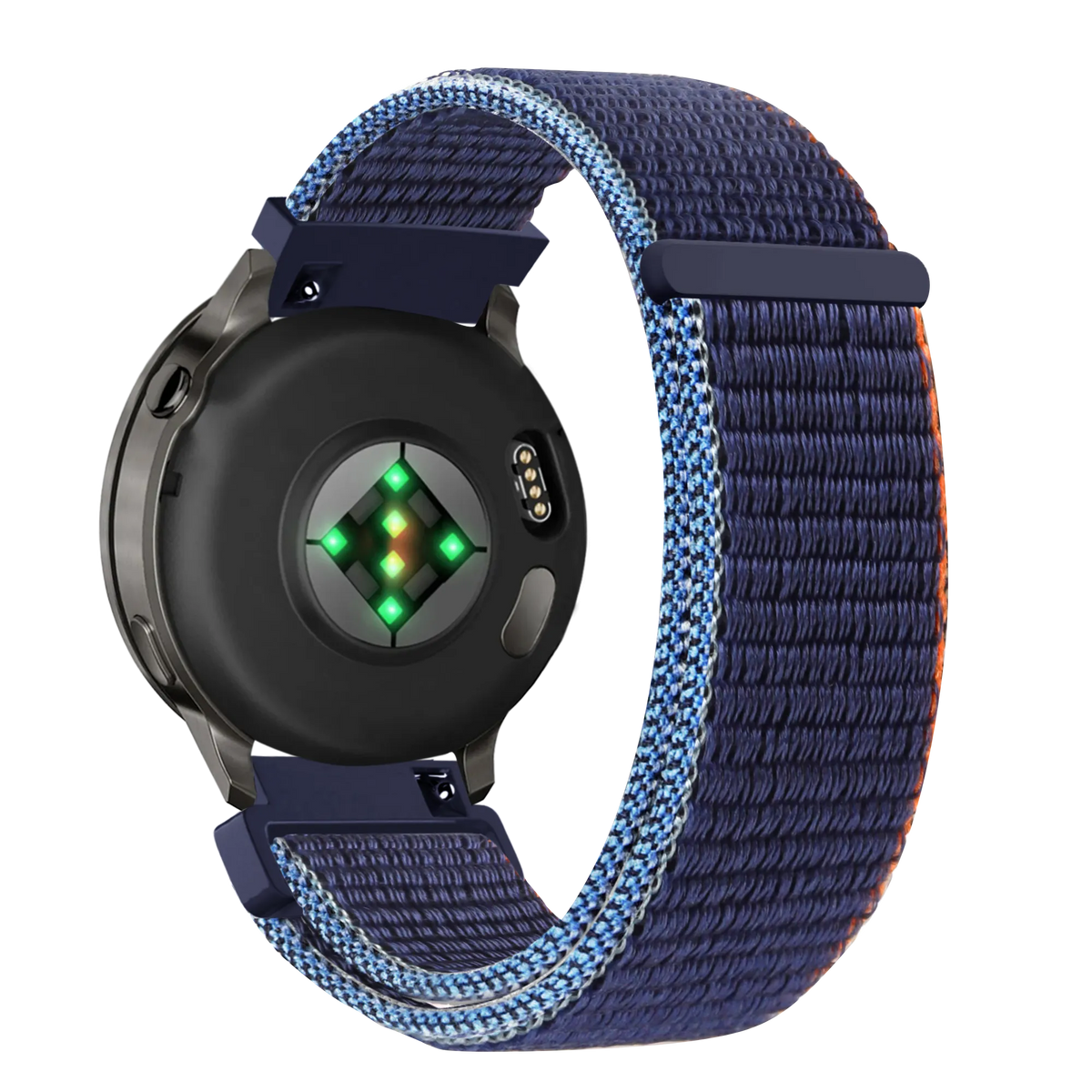 Nylon Loop Strap, blue mix, on a watch, 3/4 rear view