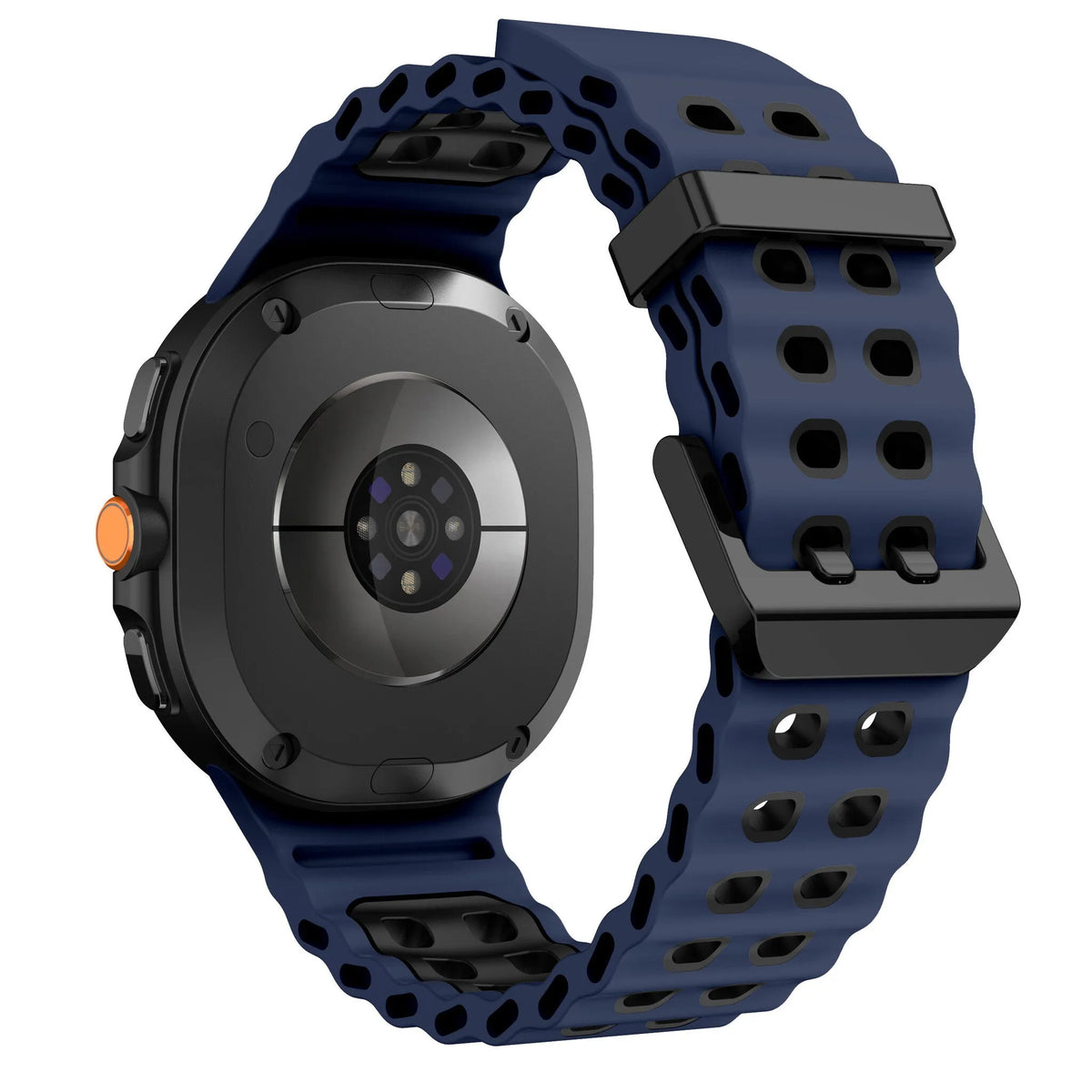 Silicone Ocean Strap, dark blue/black, on a watch, 3/4 rear view