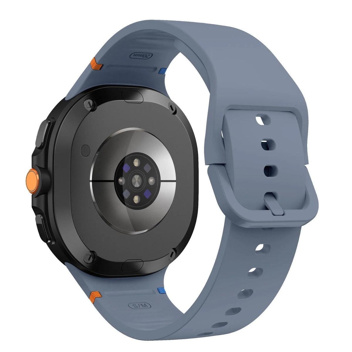 Silicone Strap, grey-blue, on a watch, 3/4 rear view