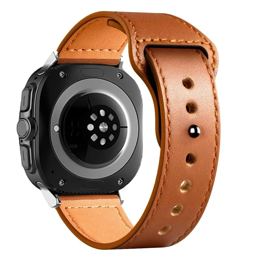 Leather Strap with Snap Closure, brown, on a watch, 3/4 rear view