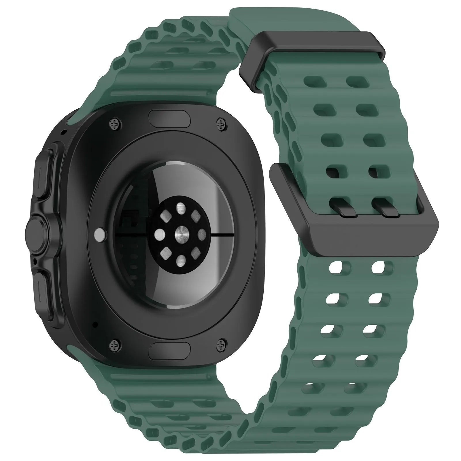 Silicone Ocean Strap, dark green, on a watch, 3/4 rear view