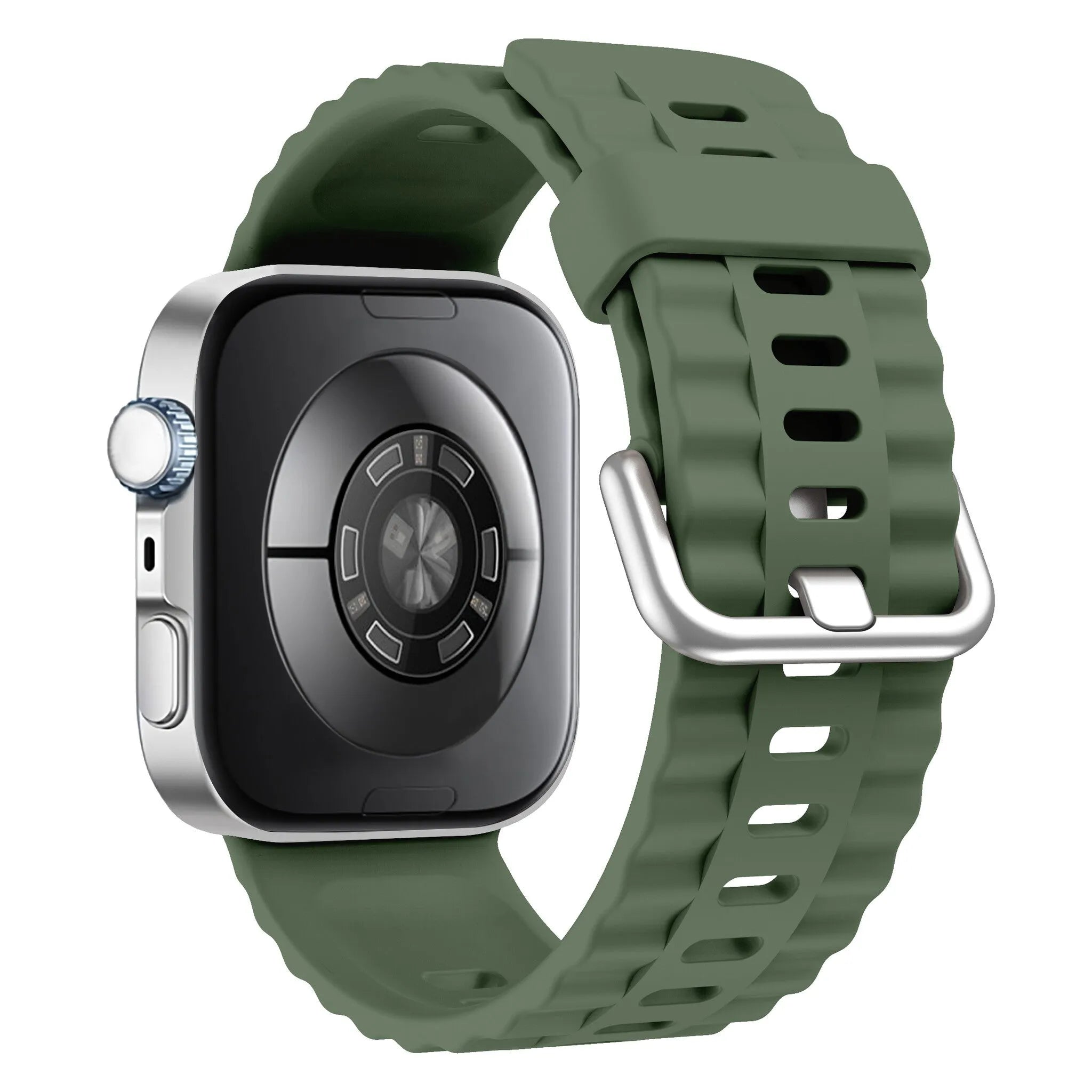 Silicone Classic Strap, dark green, on a watch, 3/4 rear view
