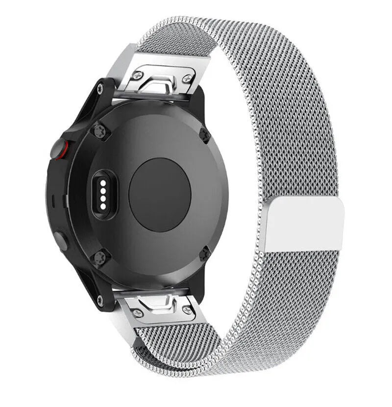 Milanese Strap, silver, on a watch, 3/4 rear view