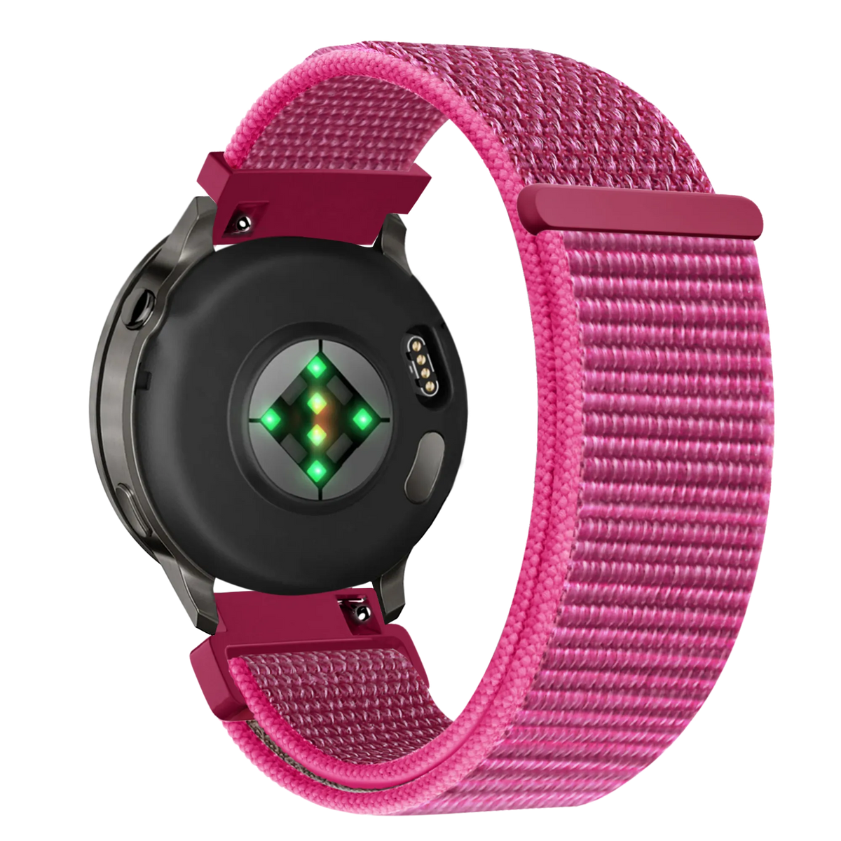 Nylon Loop Strap, dragonfruit, on a watch, 3/4 rear view