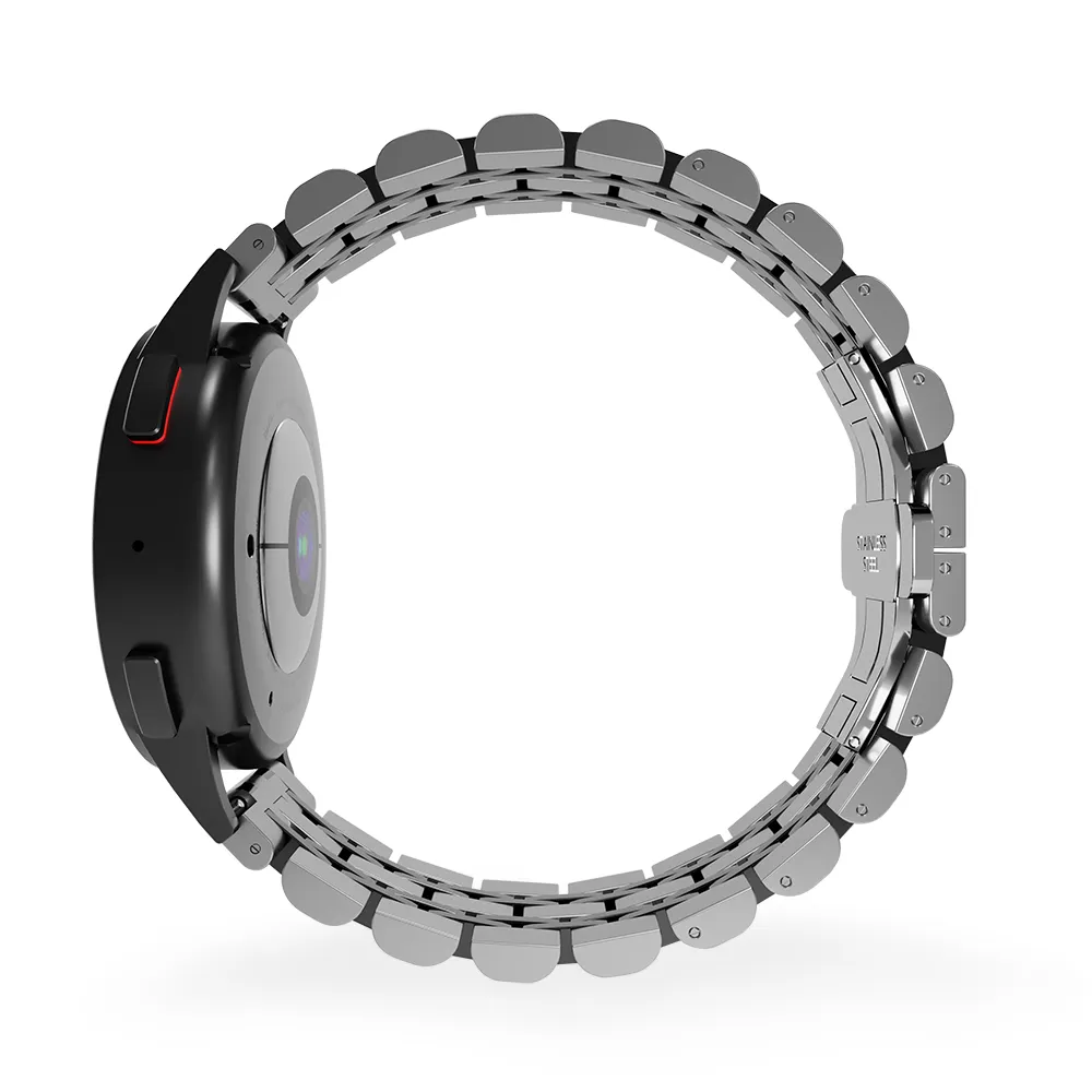 Steel Link Strap 'Duo', silver/black, on a watch, 3/4 rear view