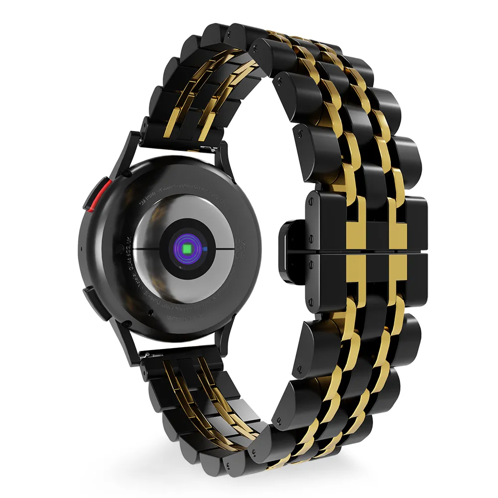 Steel Link Strap 'Duo', black/gold, on a watch, 3/4 rear view