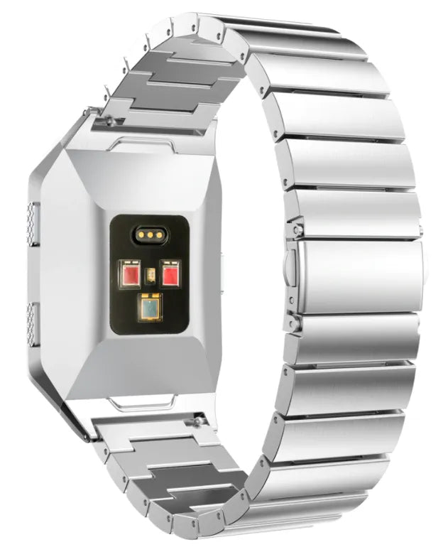 Metal Strap, silver, on a watch, 3/4 rear view