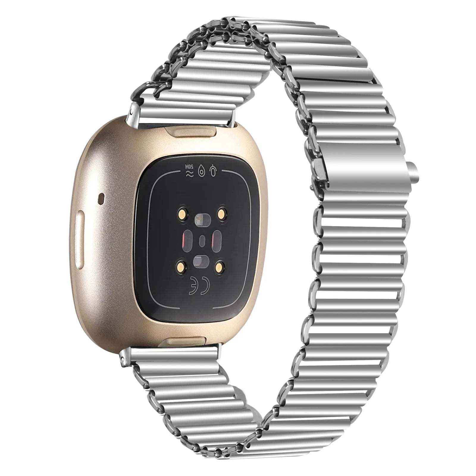 Steel Loop Strap, silver, on a watch, 3/4 rear view