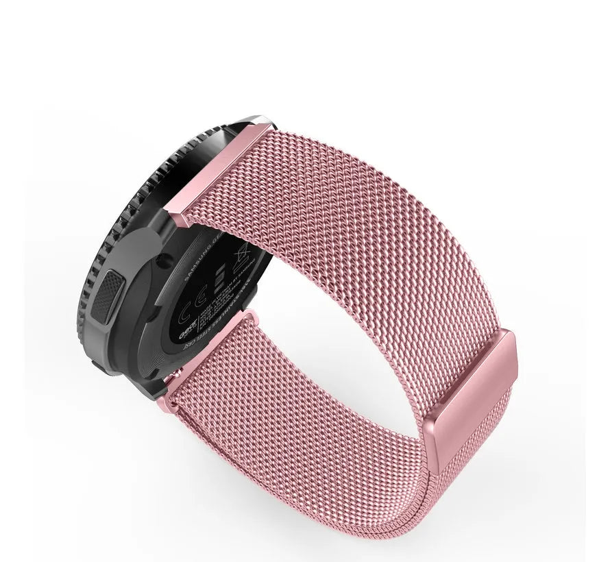 Milanese Strap, pink, on a watch, 3/4 rear view