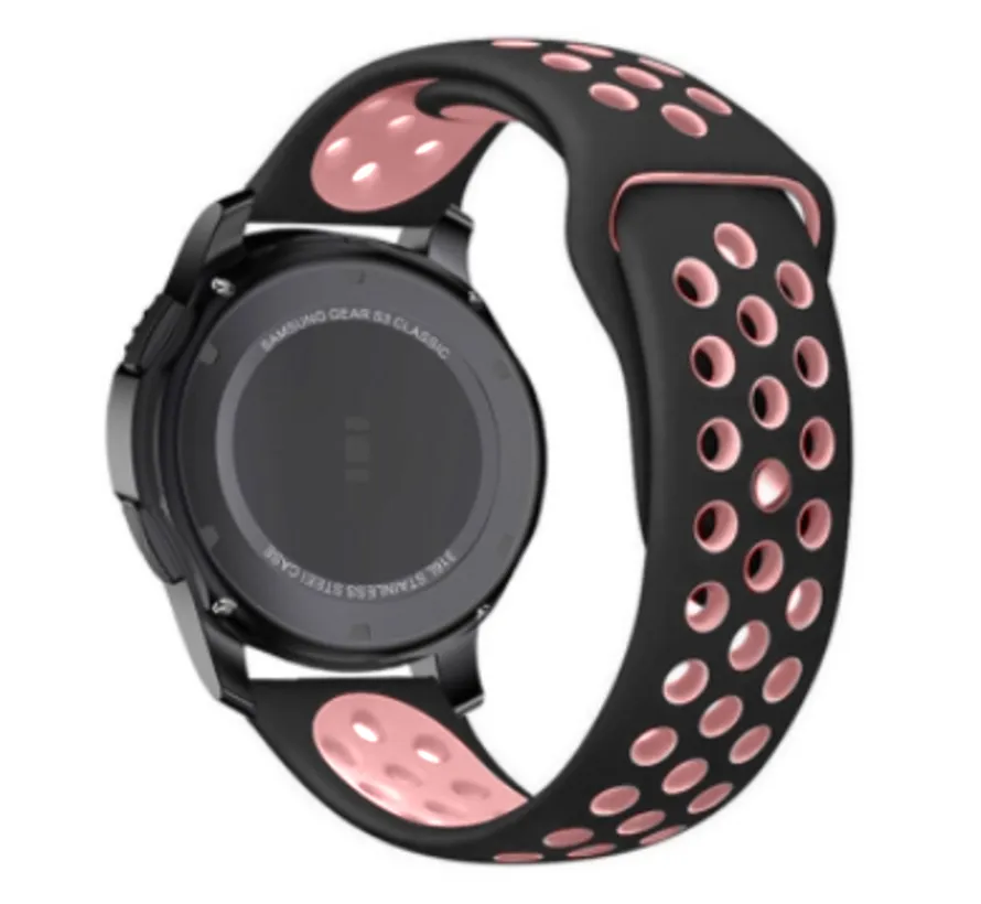 Silicone Sport Strap, black/pink, on a watch, 3/4 rear view