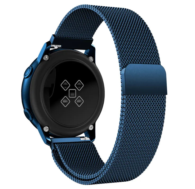 Milanese Strap, blue, on a watch, 3/4 rear view