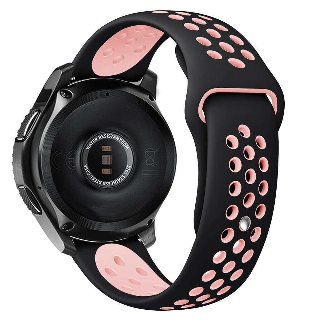 Silicone Sport Strap, black/pink, on a watch, 3/4 rear view