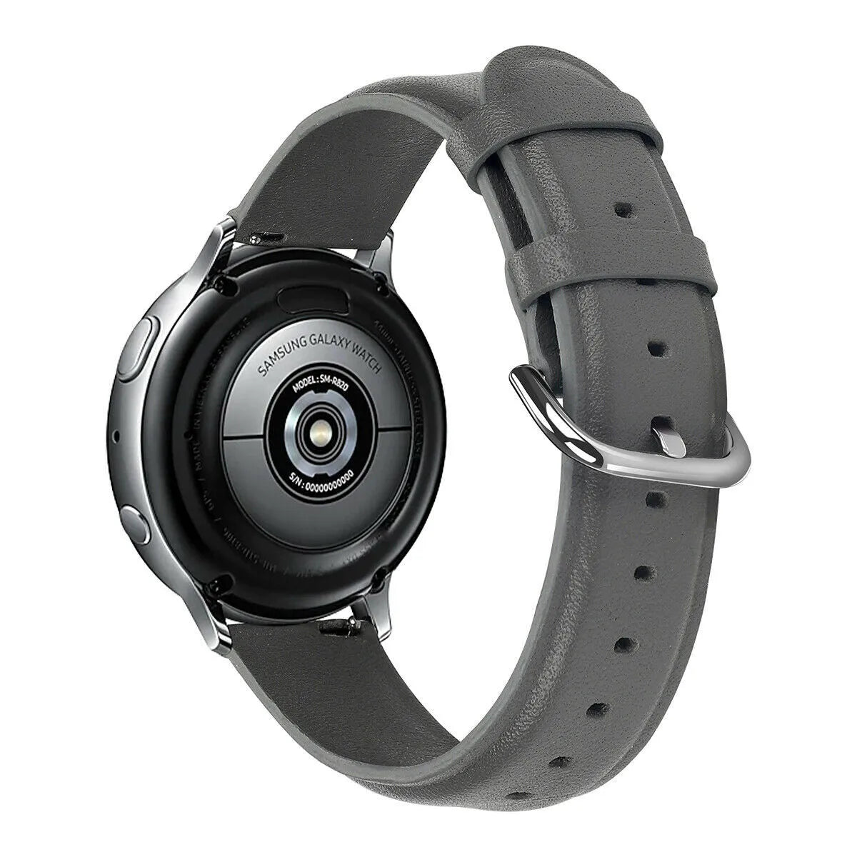Leather Strap, dark grey, on a watch, 3/4 rear view