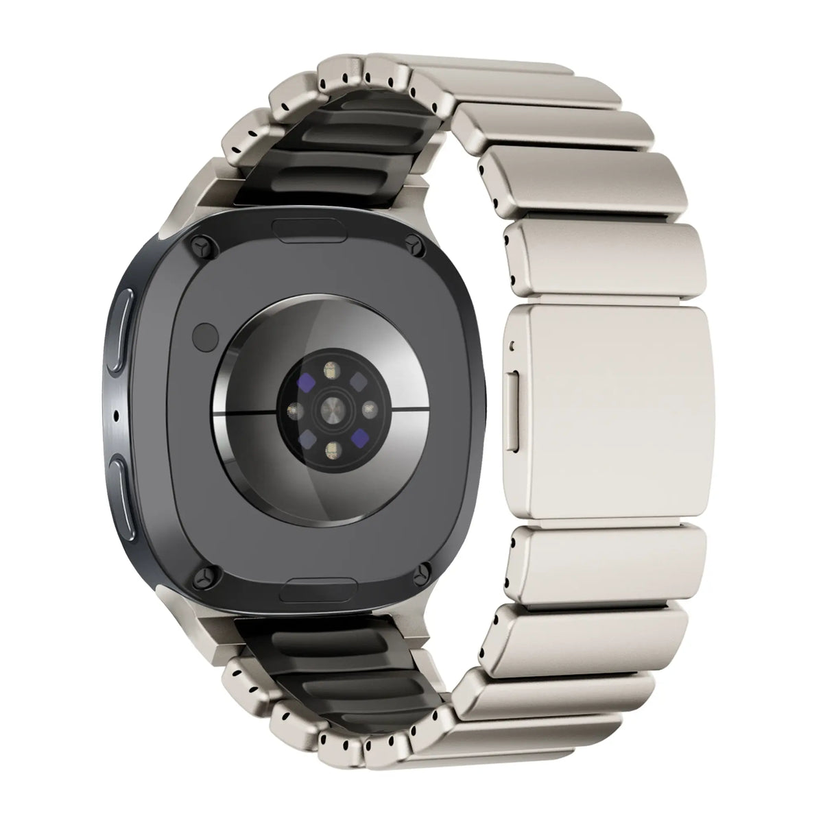 Titanium Strap 'Hybrid', titanium/black, on a watch, 3/4 rear view