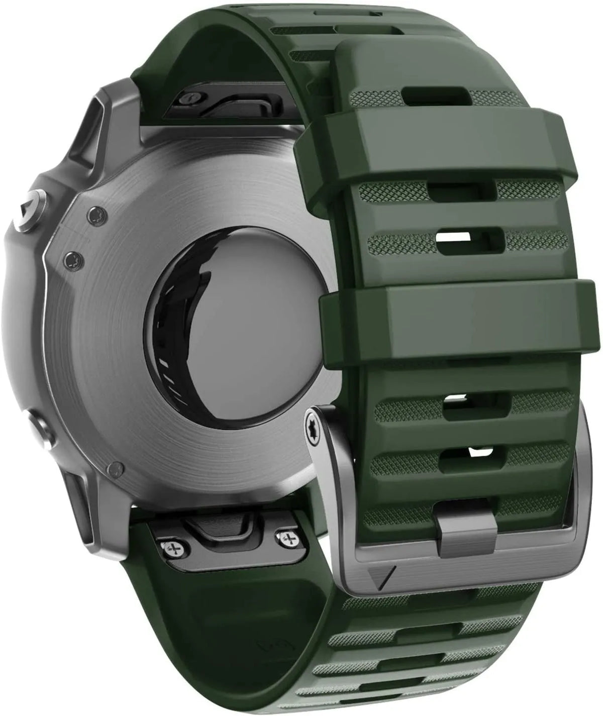 Silicone Strap, dark green, on a watch, 3/4 rear view