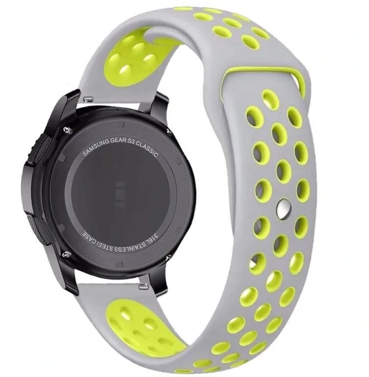 Silicone Sport Strap, grey/yellow, on a watch, 3/4 rear view