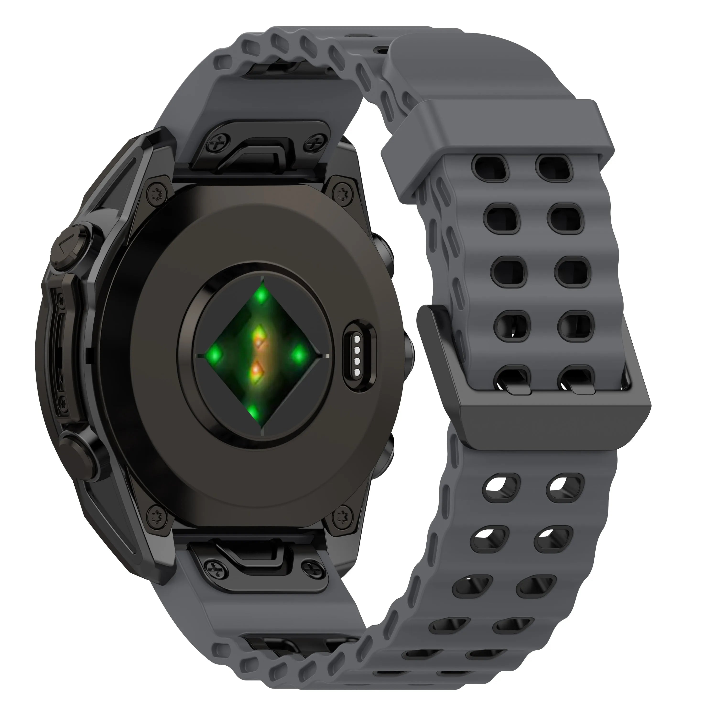 Silicone Wave Sport Strap, dark grey/black, on a watch, 3/4 rear view