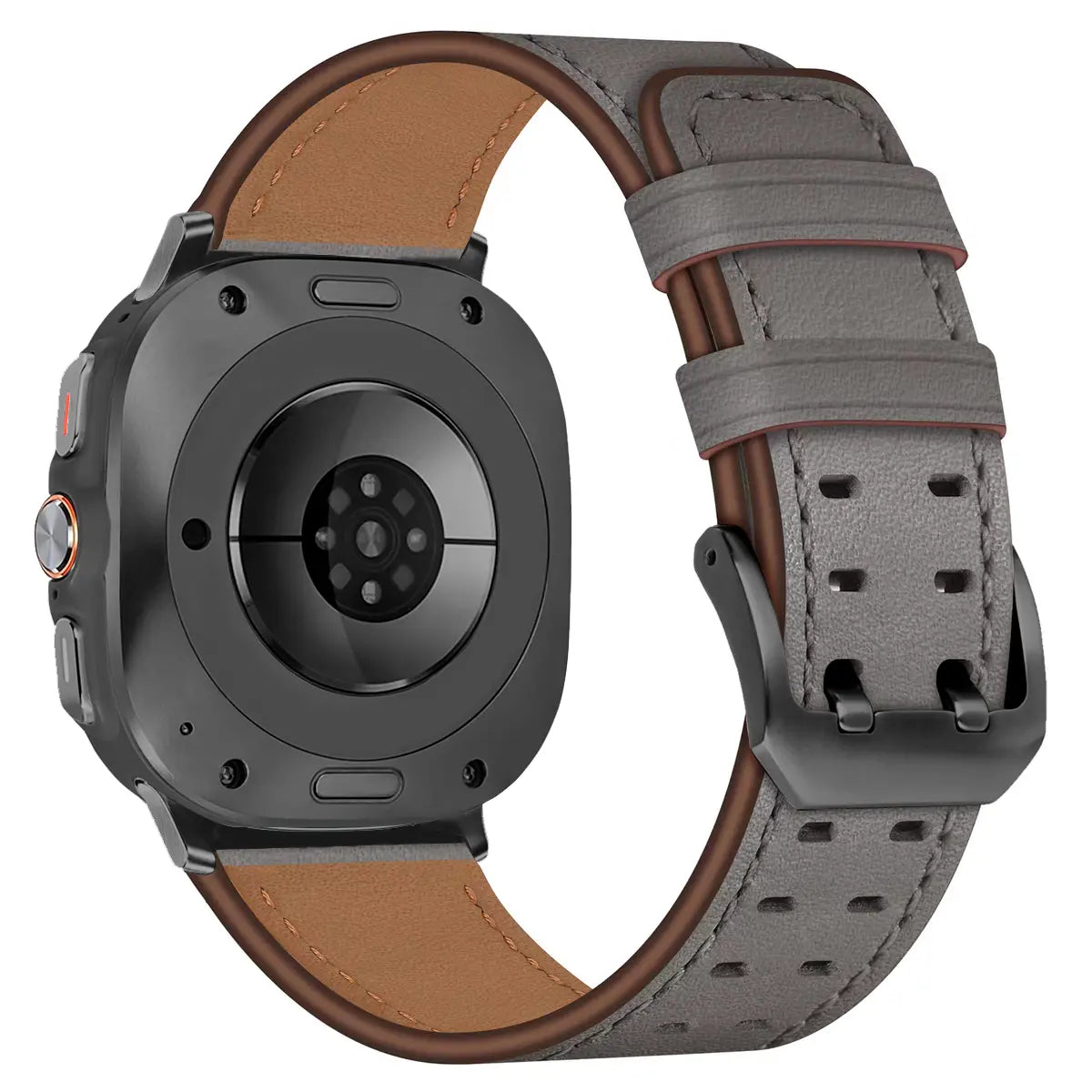Double Pin Leather Strap, grey, on a watch, 3/4 rear view
