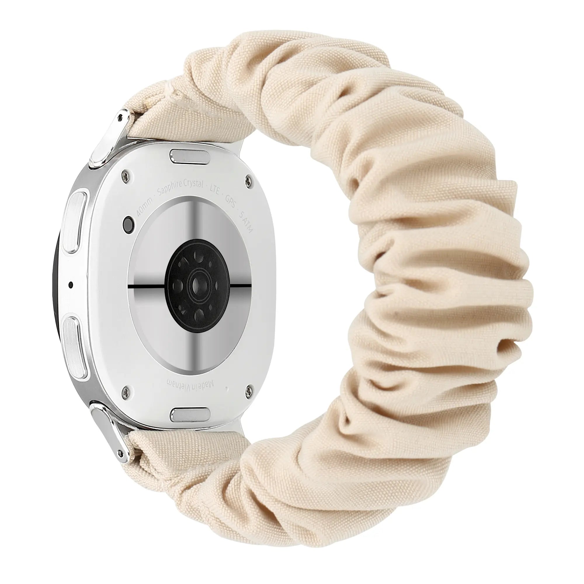 Nylon Scrunchie Strap, starlight, on a watch, 3/4 rear view