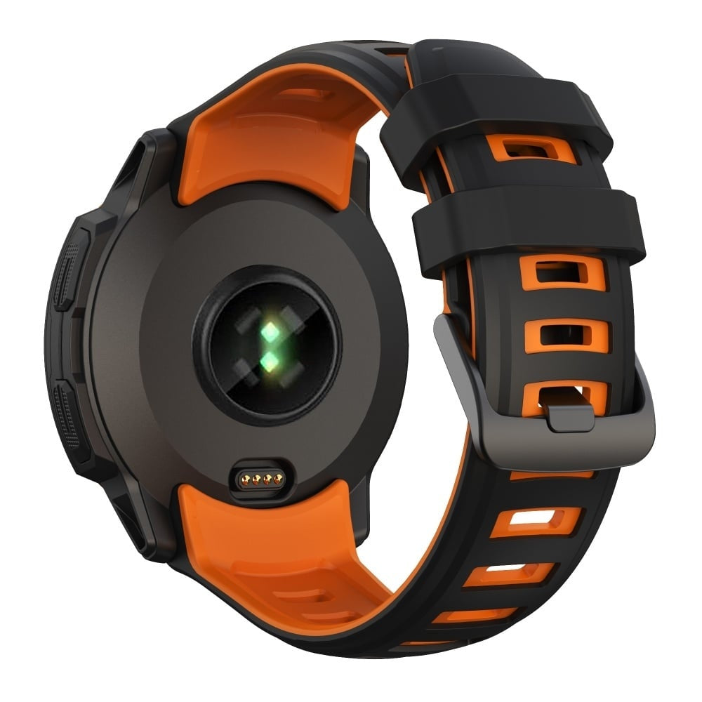 Silicone Sport Strap, black/orange, on a watch, 3/4 rear view