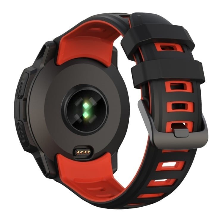 Silicone Sport Strap, black/red, on a watch, 3/4 rear view