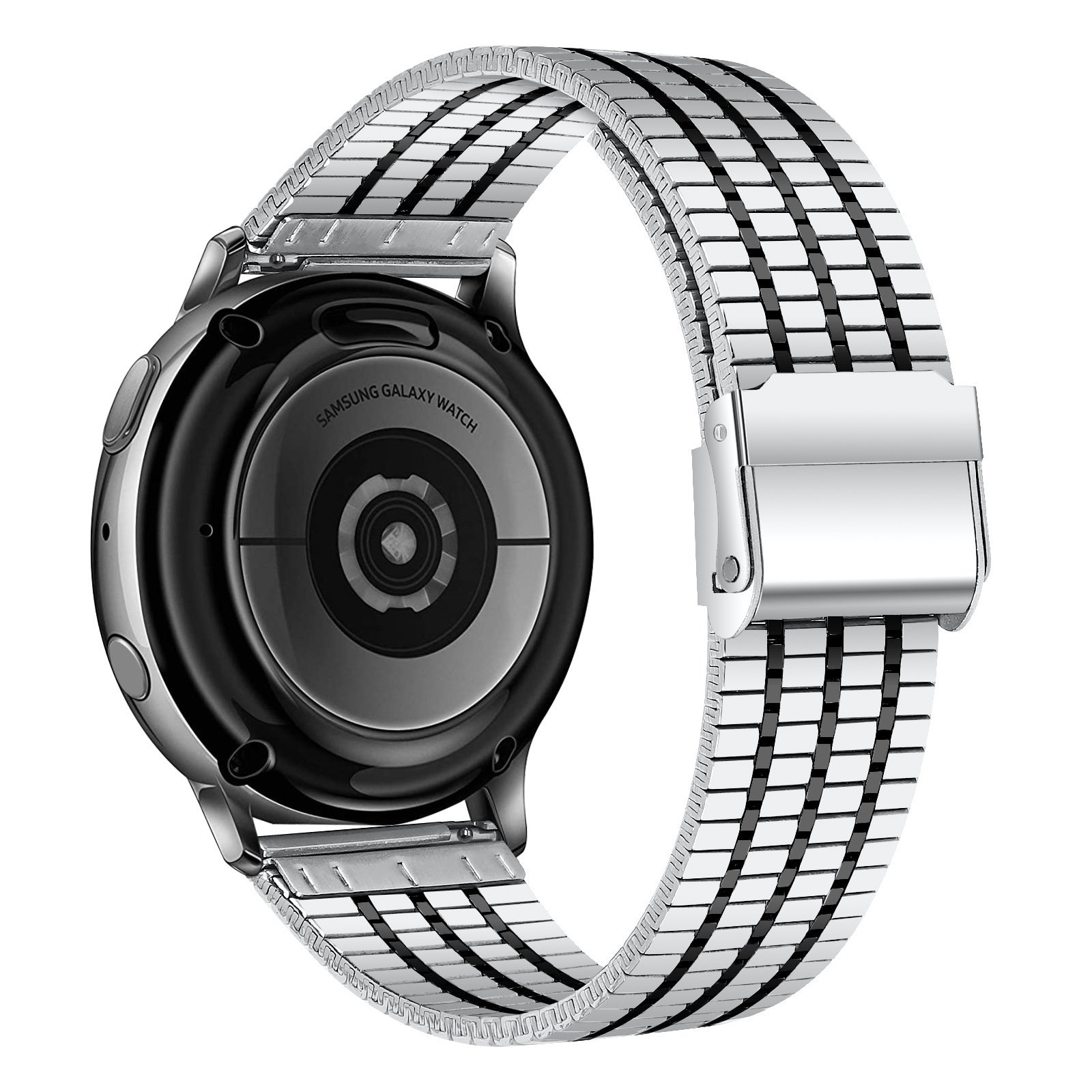 Fine Steel Strap, silver/black, on a watch, 3/4 rear view