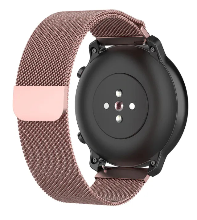 Milanese Strap, pink, on a watch, 3/4 rear view