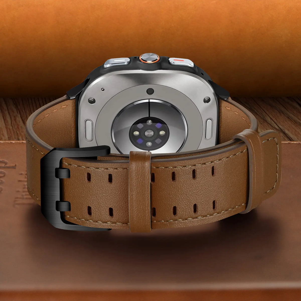 Double Pin Leather Strap, brown, on a watch, 3/4 rear view