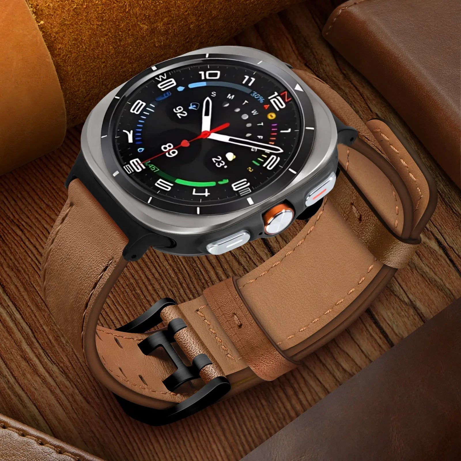 Double Pin Leather Strap, brown, on a watch, 3/4 rear view