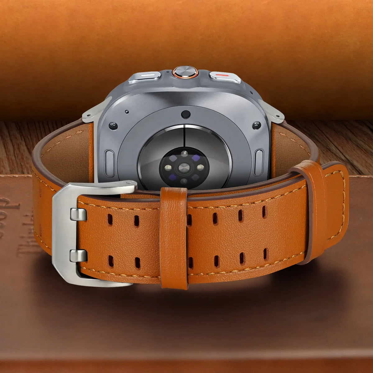 Double Pin Leather Strap, orange, on a watch, 3/4 rear view