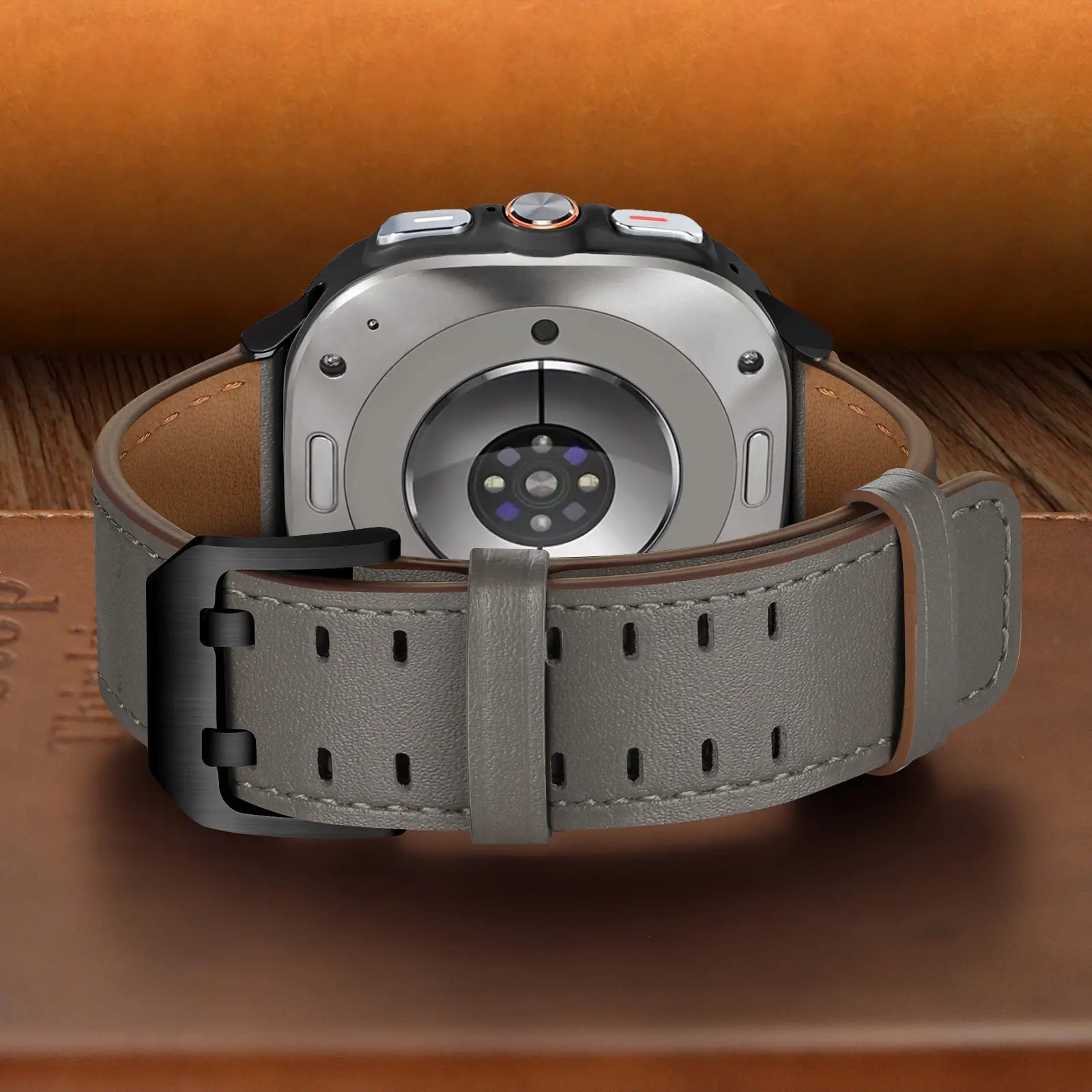 Double Pin Leather Strap, grey, on a watch, 3/4 rear view