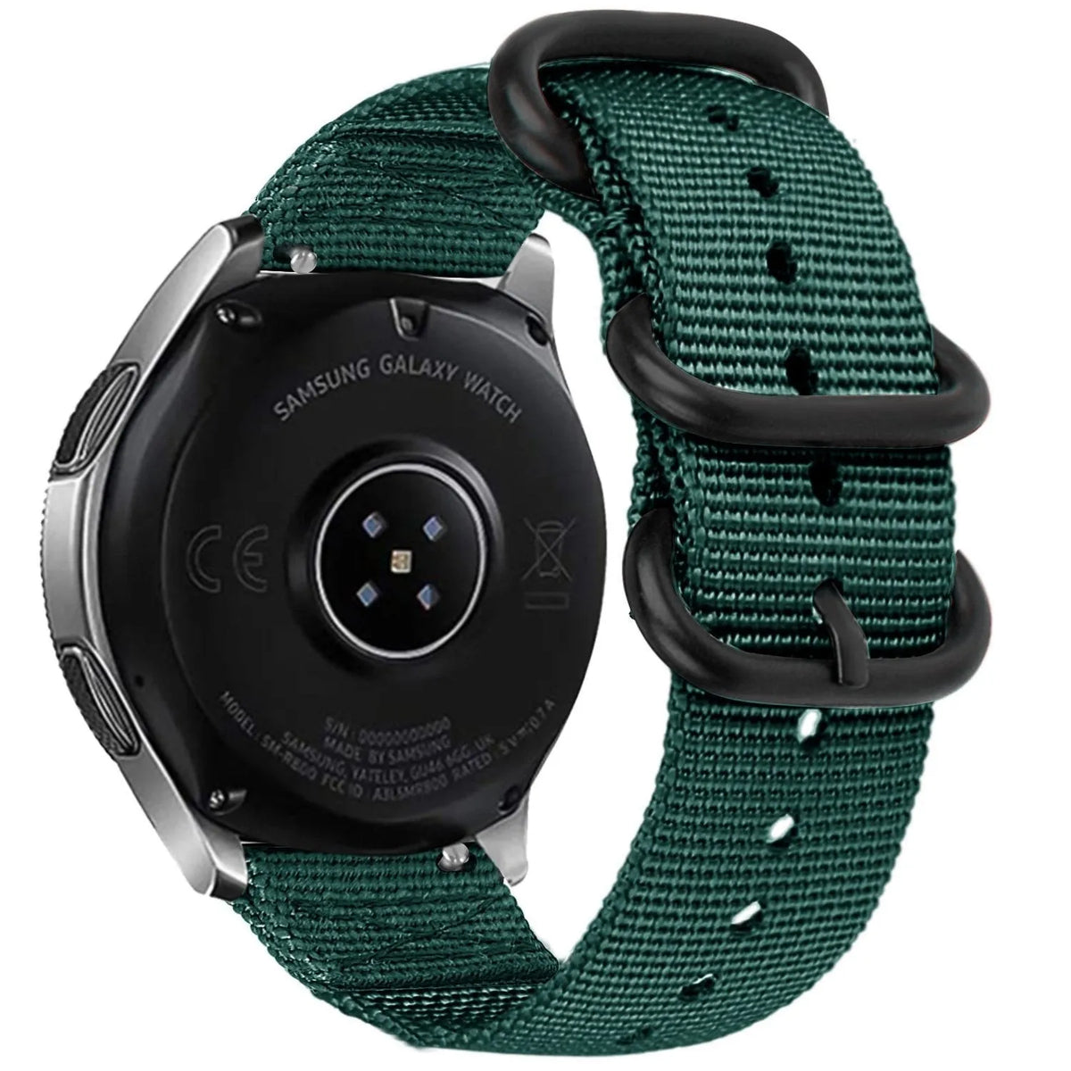 Nylon Buckle Strap, dark green, on a watch, 3/4 rear view
