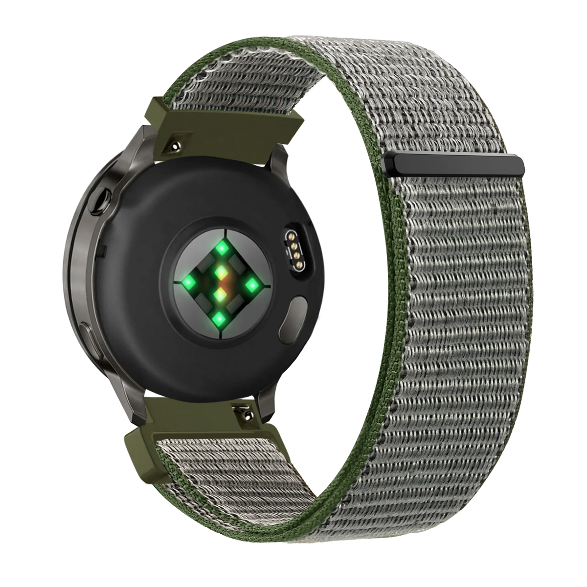 Nylon Loop Strap, olive green, on a watch, 3/4 rear view