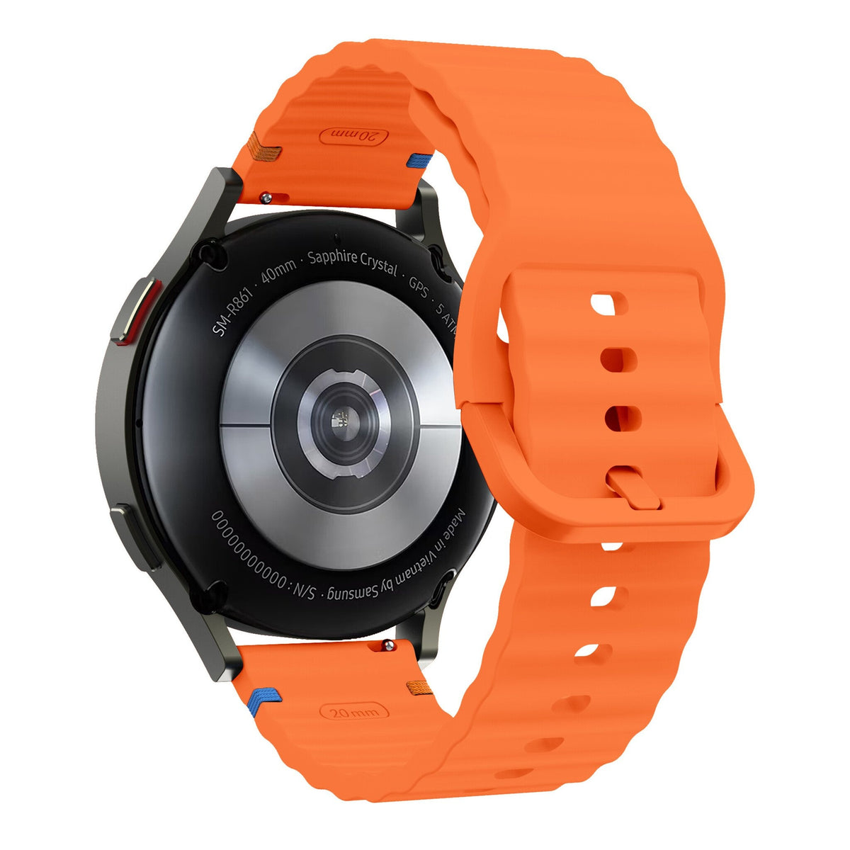Wave Silicone Strap, orange, on a watch, 3/4 rear view