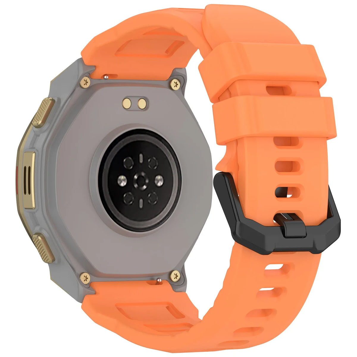Silicone Strap, orange, on a watch, 3/4 rear view
