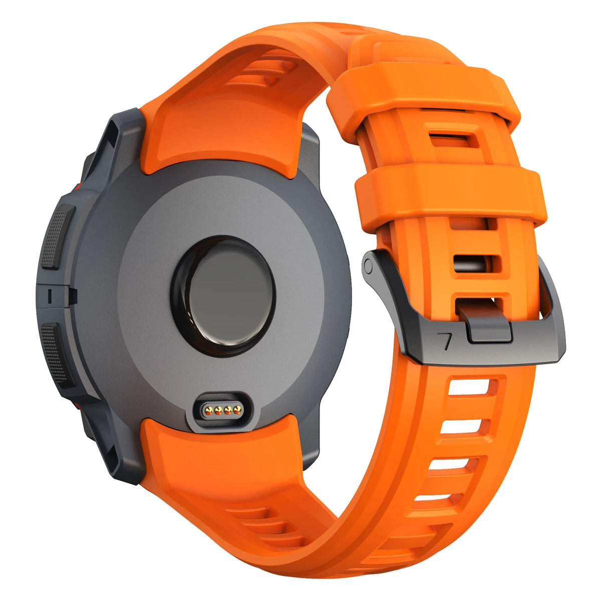 Silicone Strap, orange, on a watch, 3/4 rear view