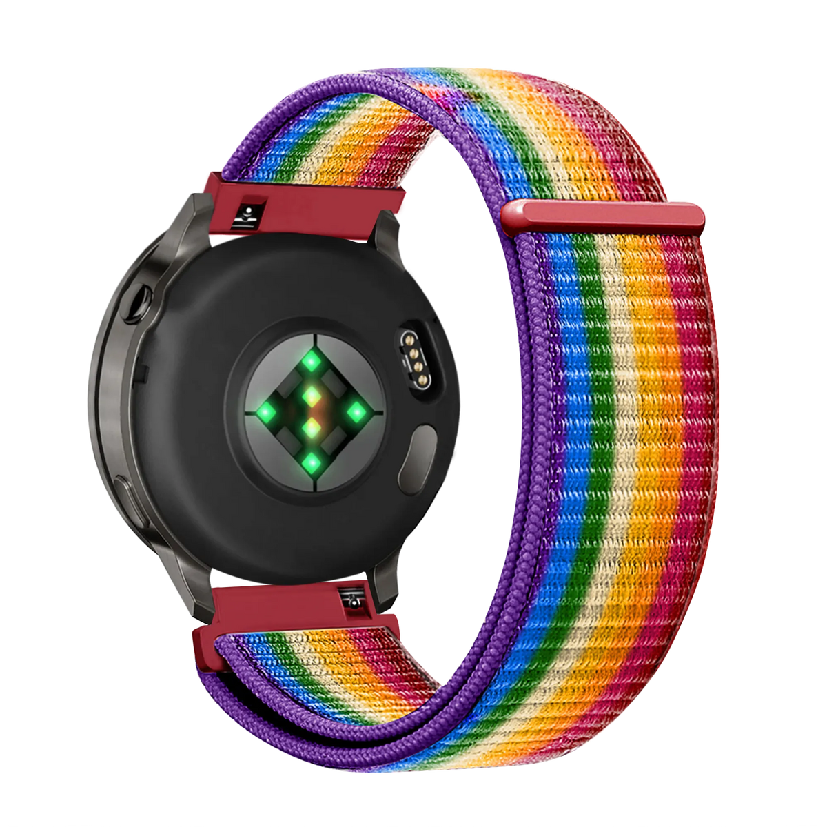 Nylon Loop Strap, rainbow, on a watch, 3/4 rear view