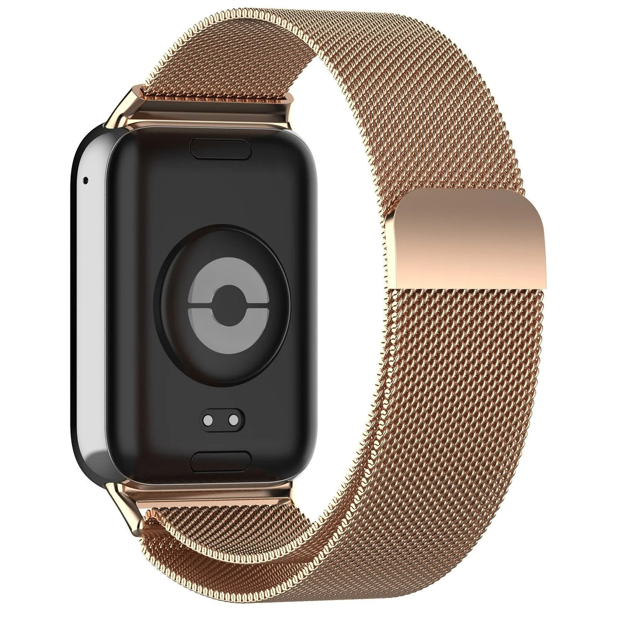 Milanese Strap, rose gold, on a watch, 3/4 rear view