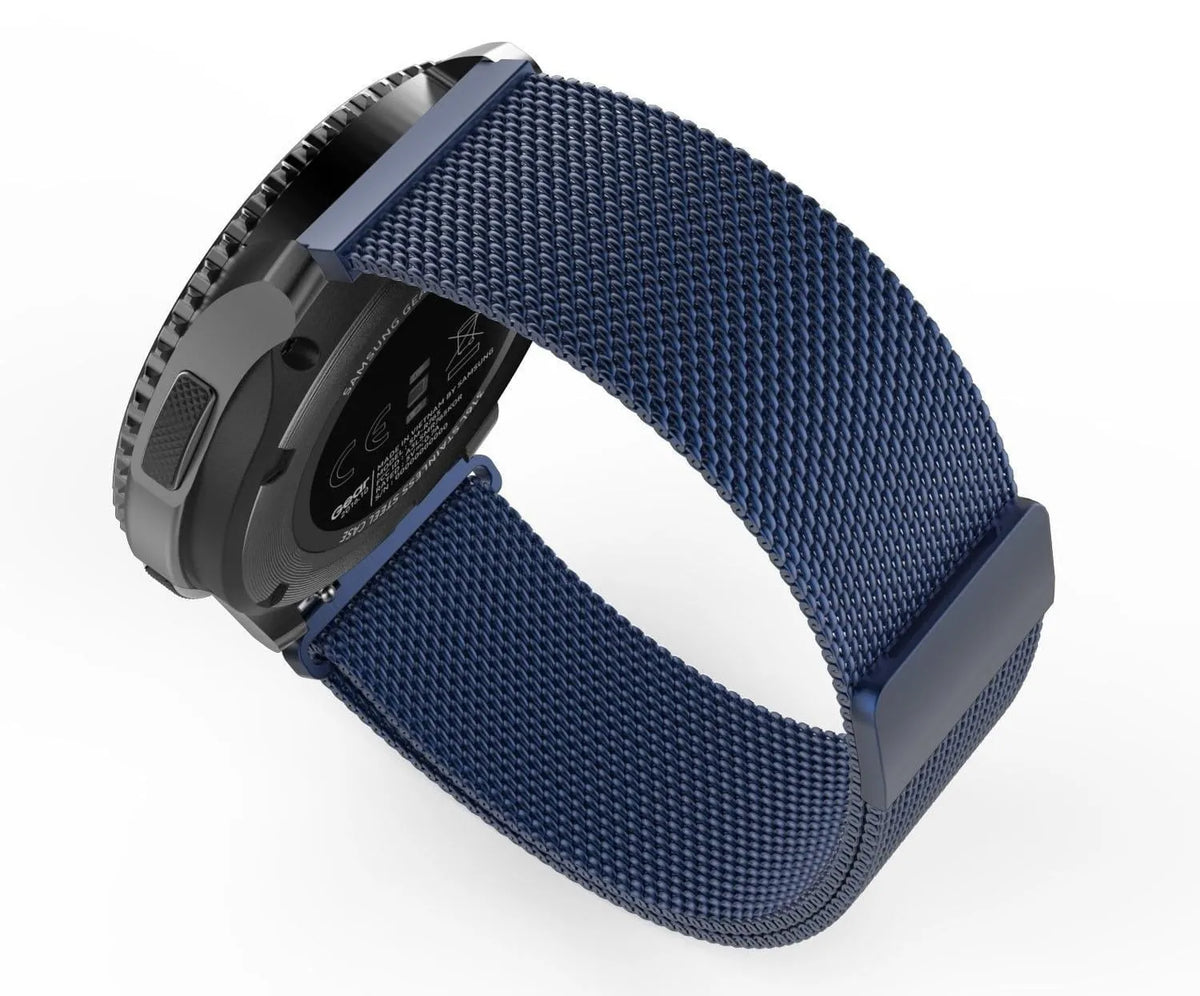 Milanese Strap, blue, on a watch, 3/4 rear view