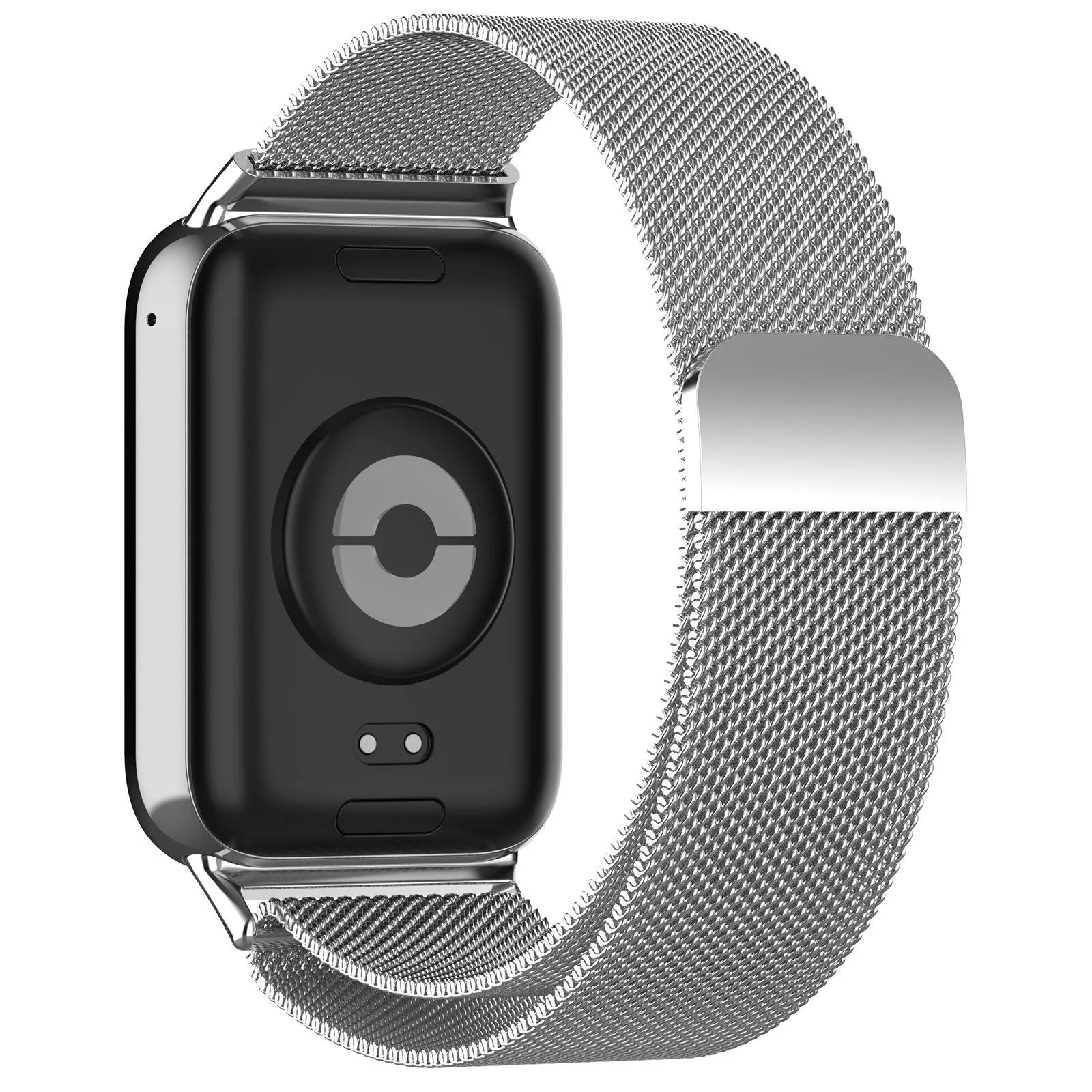 Milanese Strap, silver, on a watch, 3/4 rear view