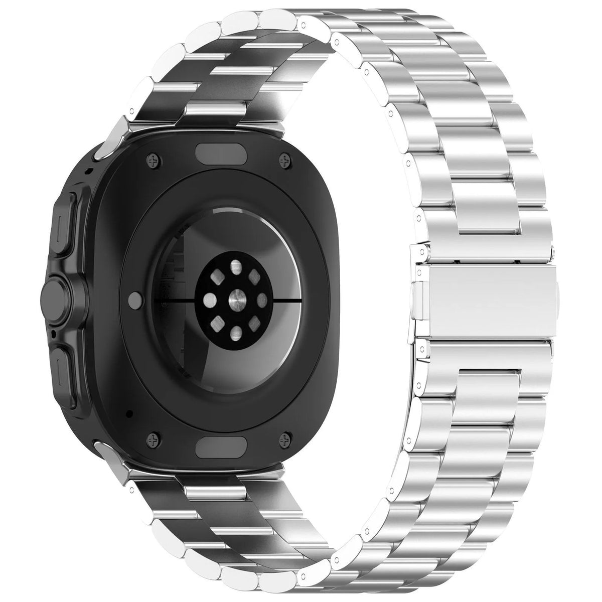 Steel Strap, silver, on a watch, 3/4 rear view