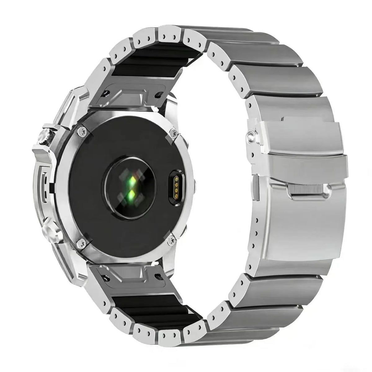 Titanium Hybrid Strap, silver, on a watch, 3/4 rear view