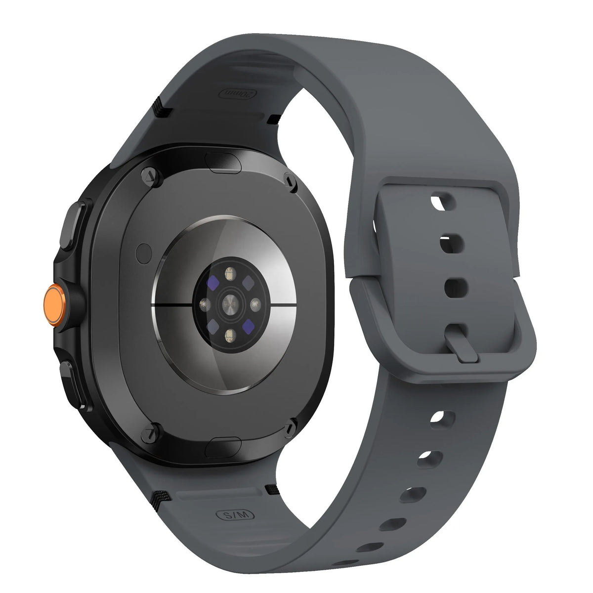 Silicone Strap, dark grey, on a watch, 3/4 rear view