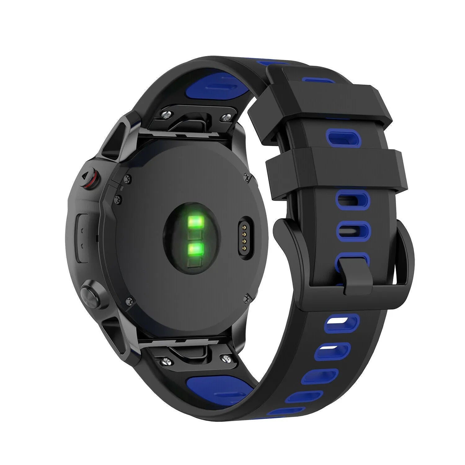 Silicone Sport Buckle Strap, black/blue, on a watch, 3/4 rear view